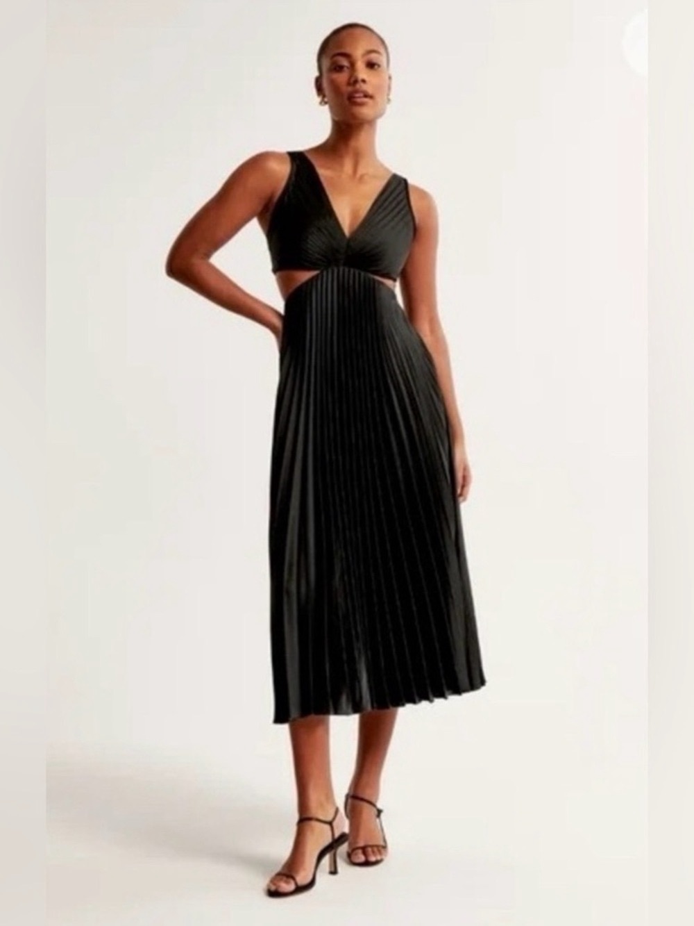 Abercrombie & Fitch Black Pleated Midi Dress with Cutout Sides